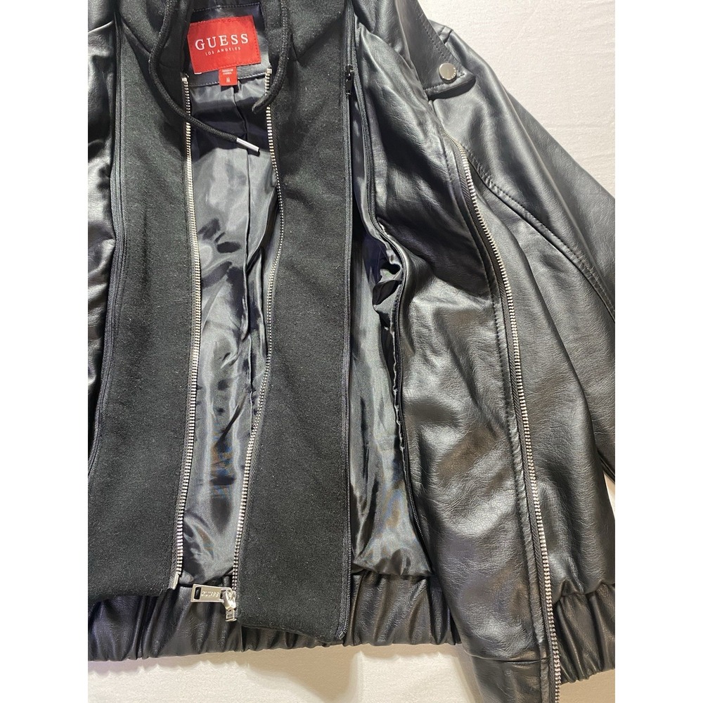 GUESS‎ Los Angeles Womens Faux Leather Moto Jacket Removable Hood Black Medium - Picture 14 of 16